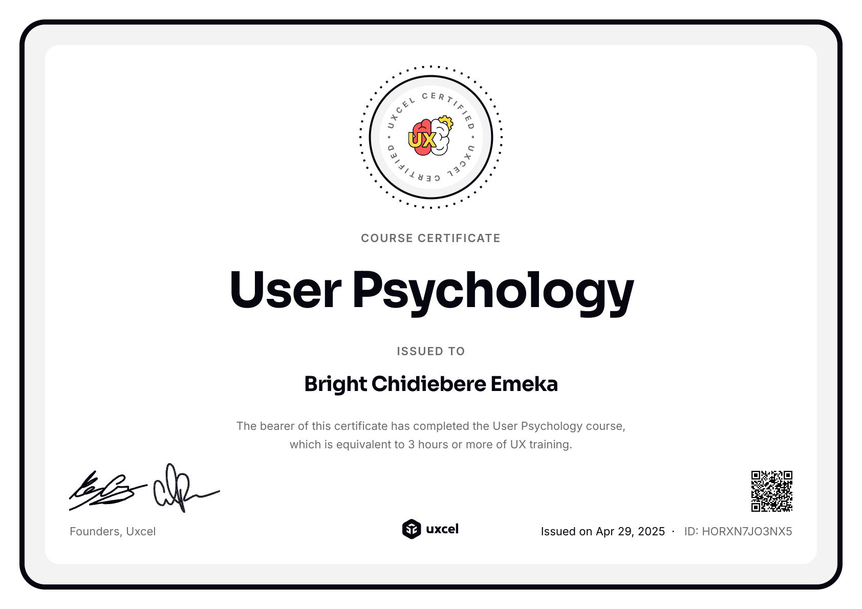 Bright Chidiebere Emeka's certificate